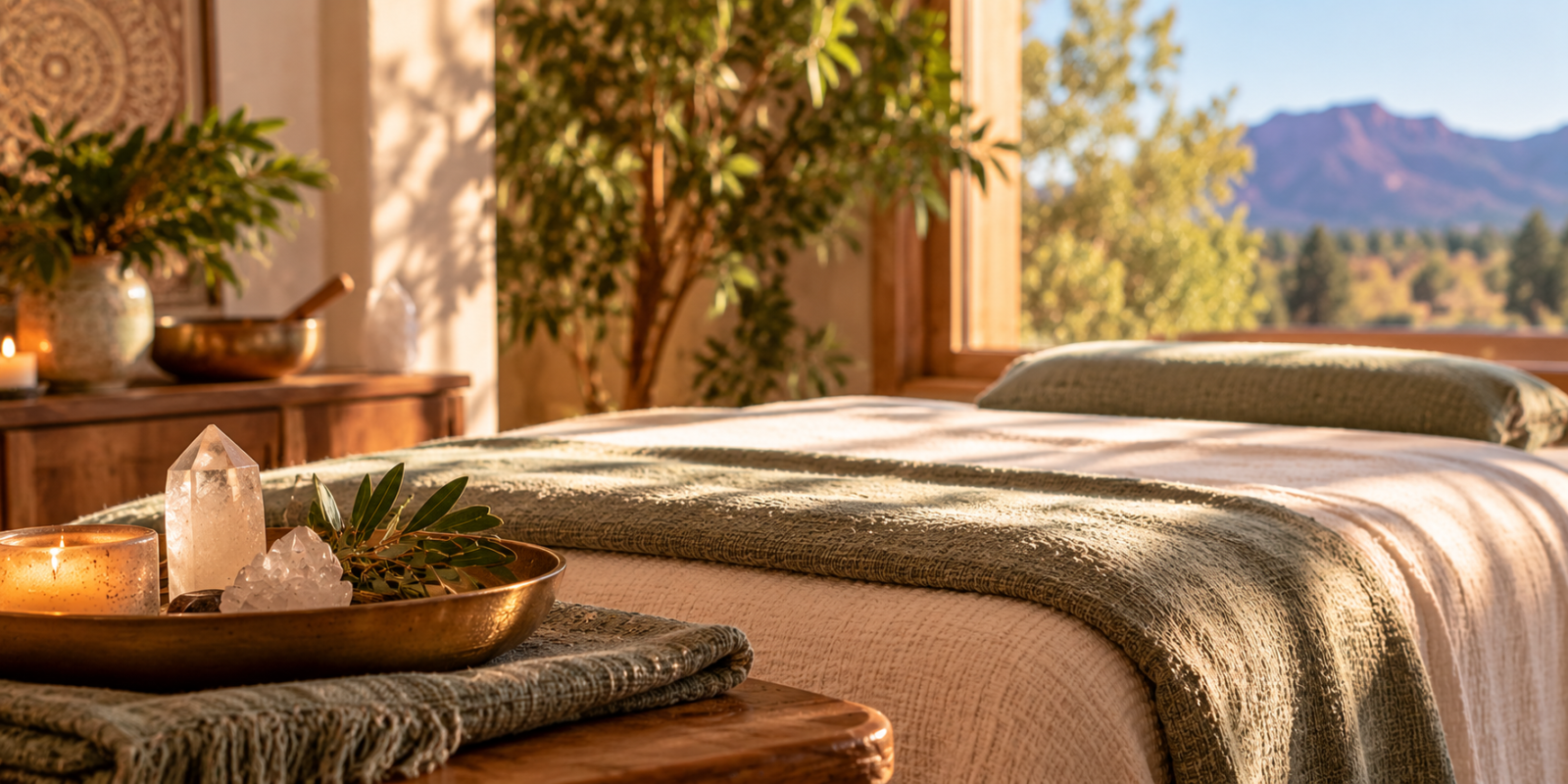 A warm, professional Reiki treatment environment with soft natural light, neutral linens, and subtle sage accents.
